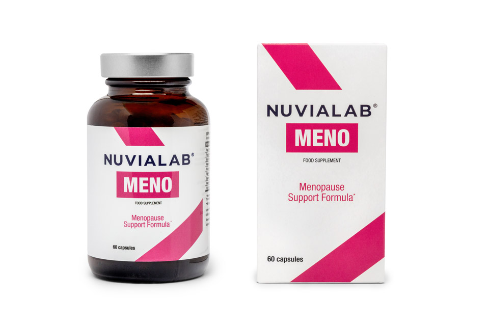 NuviaLab Meno bottle standing beside branded packaging